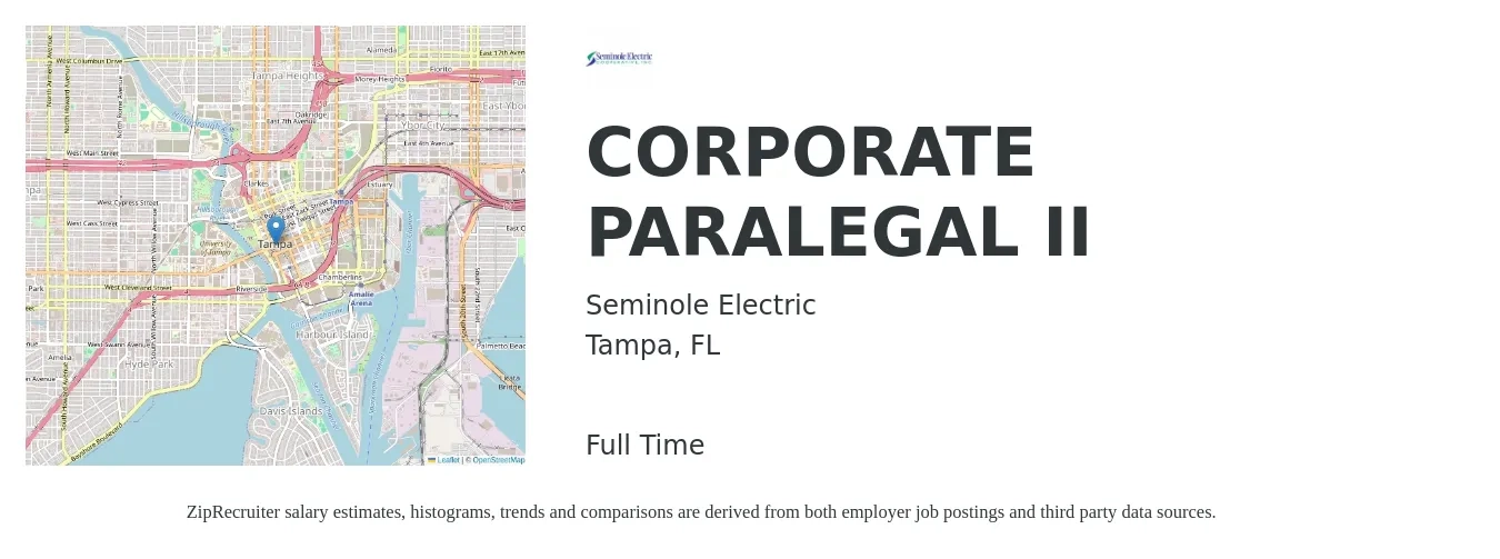 Seminole Electric job posting for a CORPORATE PARALEGAL II in Tampa, FL with a salary of $67,100 to $89,800 Yearly with a map of Tampa location.