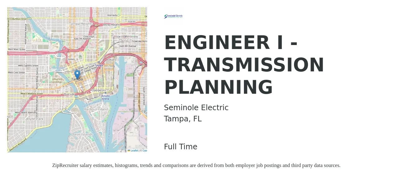 Seminole Electric job posting for a ENGINEER I - TRANSMISSION PLANNING in Tampa, FL with a salary of $86,900 to $117,200 Yearly with a map of Tampa location.