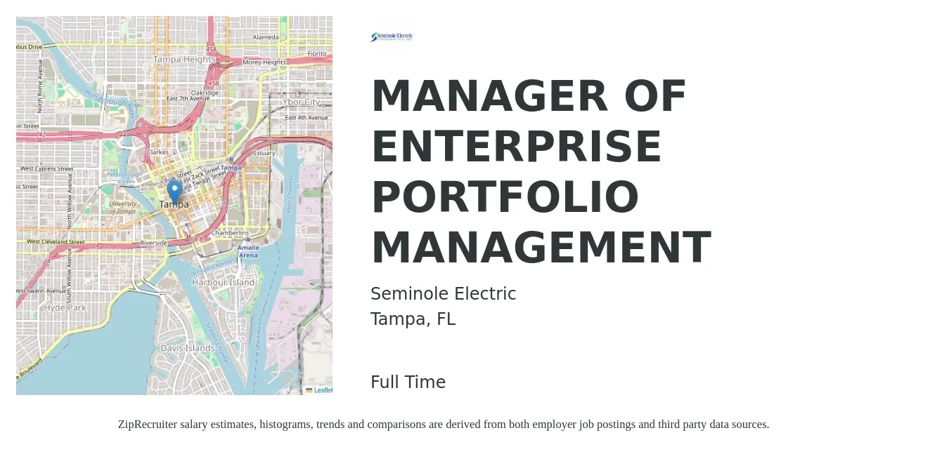 Seminole Electric job posting for a MANAGER OF ENTERPRISE PORTFOLIO MANAGEMENT in Tampa, FL with a salary of $48 to $72 Hourly with a map of Tampa location.