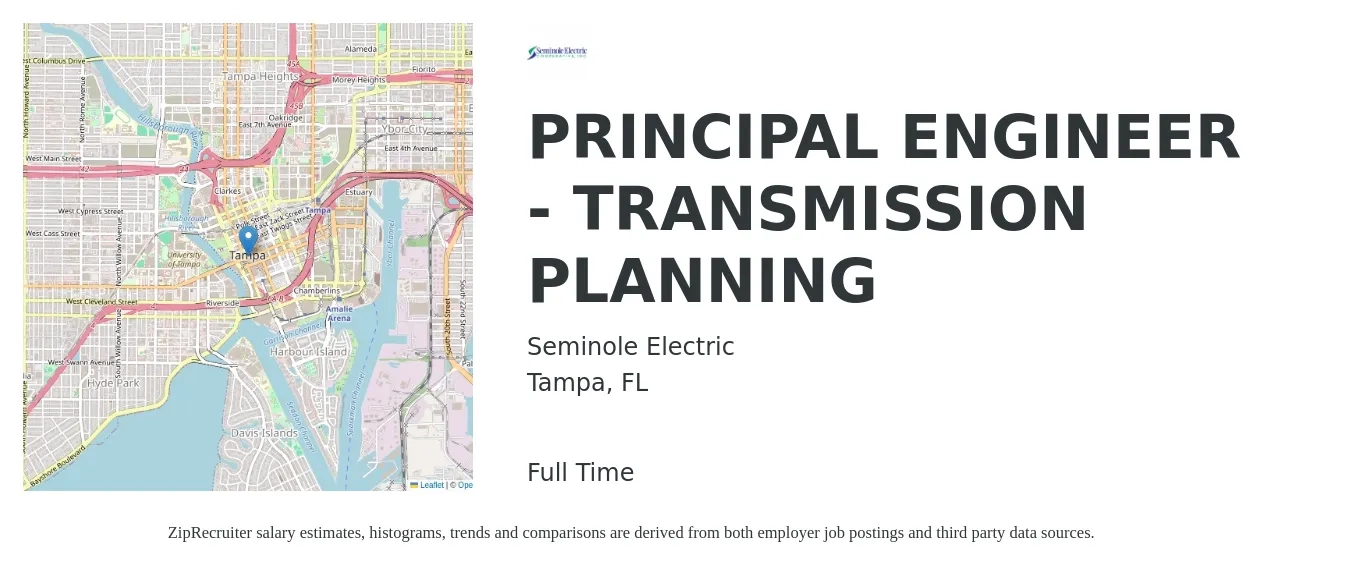 Seminole Electric job posting for a PRINCIPAL ENGINEER - TRANSMISSION PLANNING in Tampa, FL with a salary of $112,000 to $163,500 Yearly with a map of Tampa location.