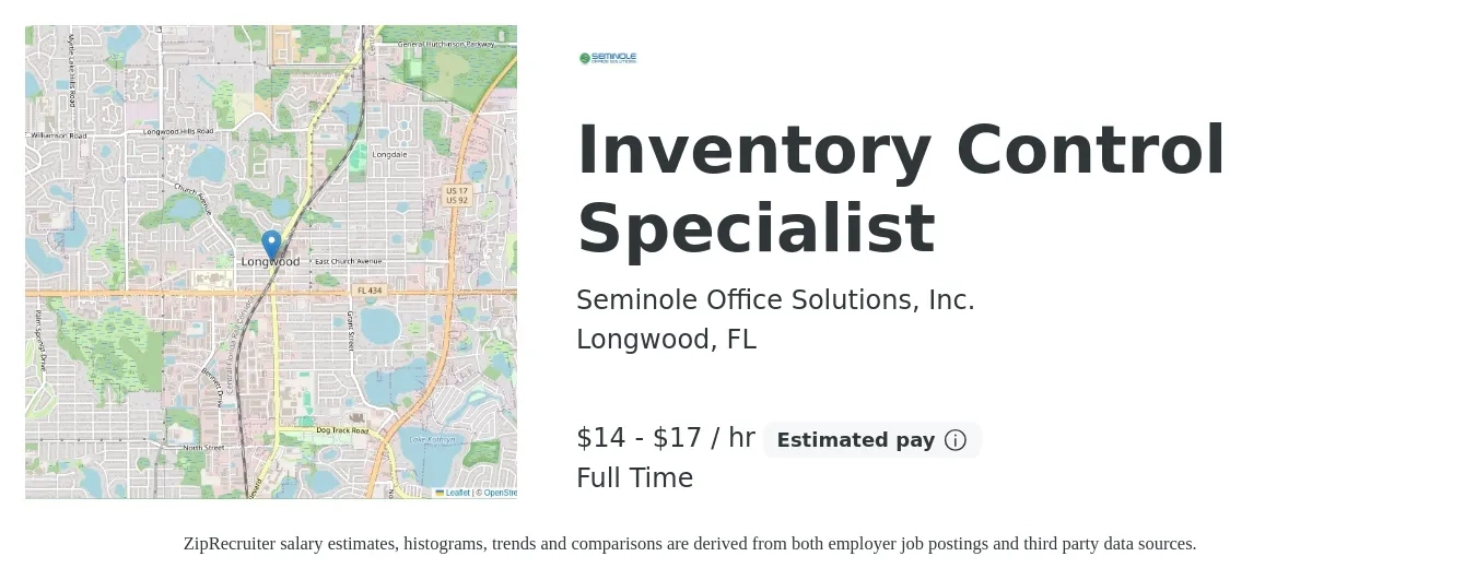 Seminole Office Solutions, Inc. job posting for a Inventory Control Specialist in Longwood, FL with a salary of $15 to $18 Hourly with a map of Longwood location.