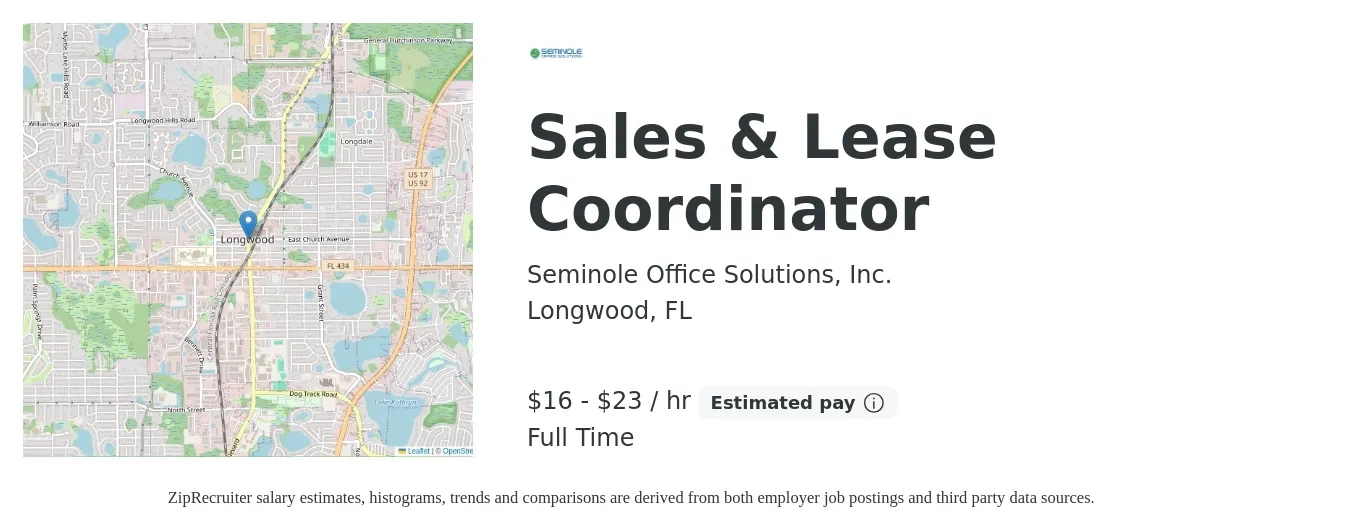 Seminole Office Solutions, Inc. job posting for a Sales & Lease Coordinator in Longwood, FL with a salary of $17 to $25 Hourly with a map of Longwood location.