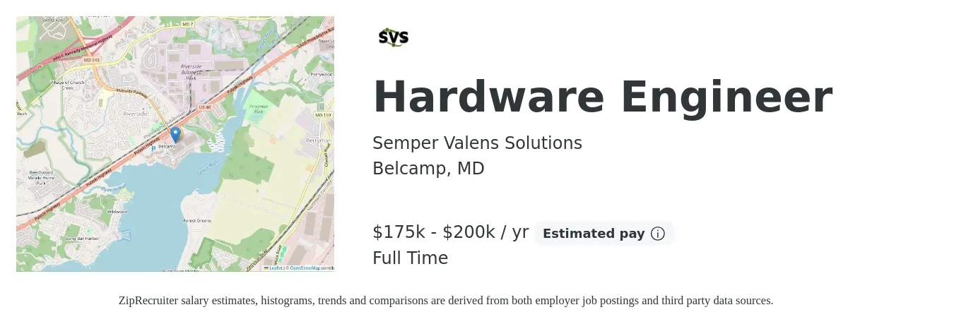 Semper Valens Solutions job posting for a Hardware Engineer in Belcamp, MD with a salary of $175,000 to $200,000 Yearly with a map of Belcamp location.
