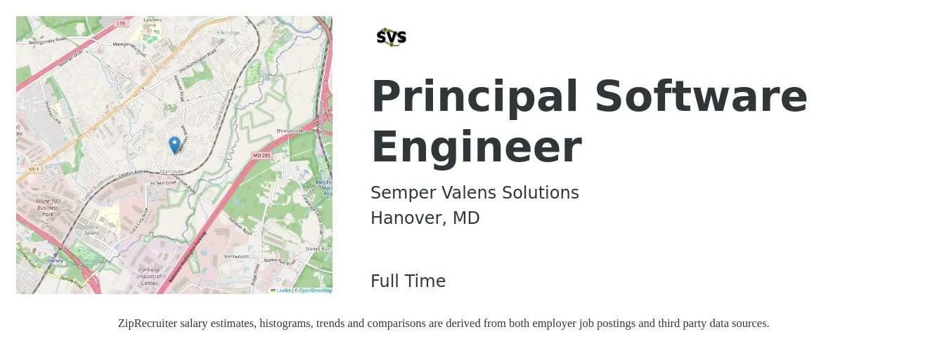 Semper Valens Solutions job posting for a Principal Software Engineer in Hanover, MD with a salary of $133,000 to $178,300 Yearly with a map of Hanover location.