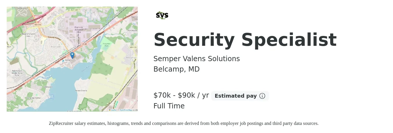 Semper Valens Solutions job posting for a Security Specialist in Belcamp, MD with a salary of $53,100 to $99,600 Yearly with a map of Belcamp location.