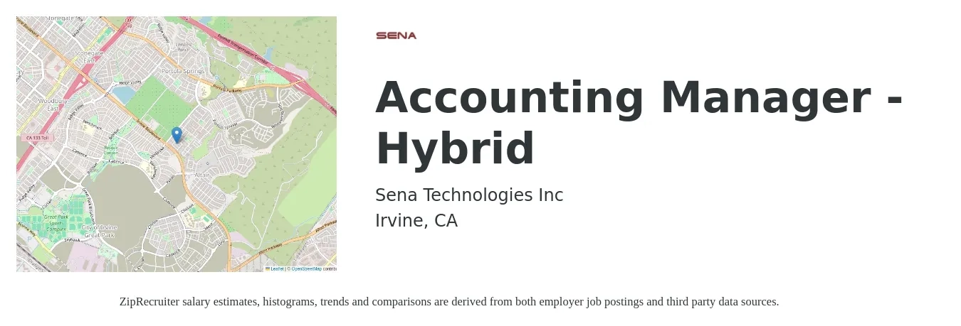 Sena Technologies Inc job posting for a Accounting Manager - Hybrid in Irvine, CA with a salary of $77,000 to $95,000 Yearly with a map of Irvine location.