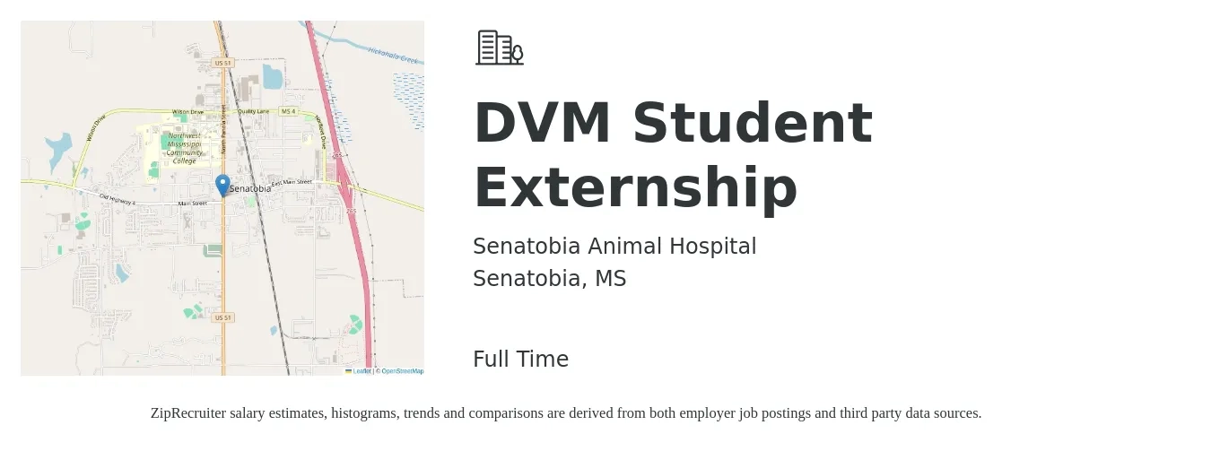 Senatobia Animal Hospital job posting for a DVM Student Externship in Senatobia, MS with a salary of $83,900 to $135,500 Yearly with a map of Senatobia location.