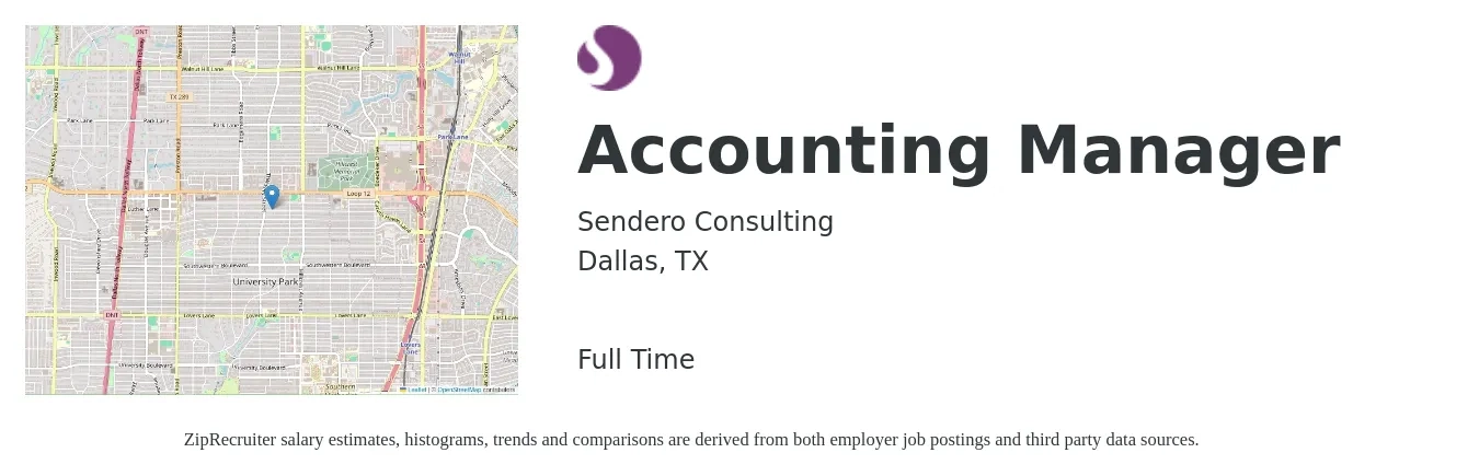 Sendero Consulting job posting for a Accounting Manager in Dallas, TX with a salary of $77,200 to $110,800 Yearly with a map of Dallas location.