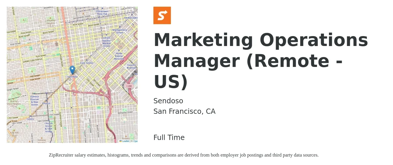 Sendoso job posting for a Marketing Operations Manager (Remote - US) in San Francisco, CA with a salary of $84,800 to $149,000 Yearly with a map of San Francisco location.