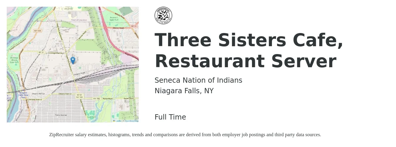 Seneca Nation of Indians job posting for a Three Sisters Cafe, Restaurant Server in Niagara Falls, NY with a salary of $10 to $15 Hourly with a map of Niagara Falls location.