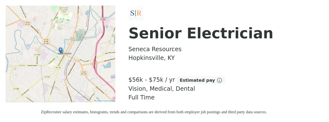 Seneca Resources job posting for a Senior Electrician in Hopkinsville, KY with a salary of $56,000 to $75,000 Yearly and benefits including dental, medical, and vision with a map of Hopkinsville location.
