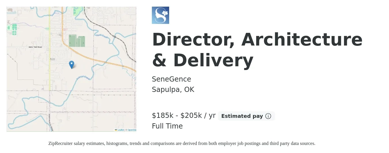 SeneGence job posting for a Director, Architecture & Delivery in Sapulpa, OK with a salary of $185,000 to $205,000 Yearly with a map of Sapulpa location.