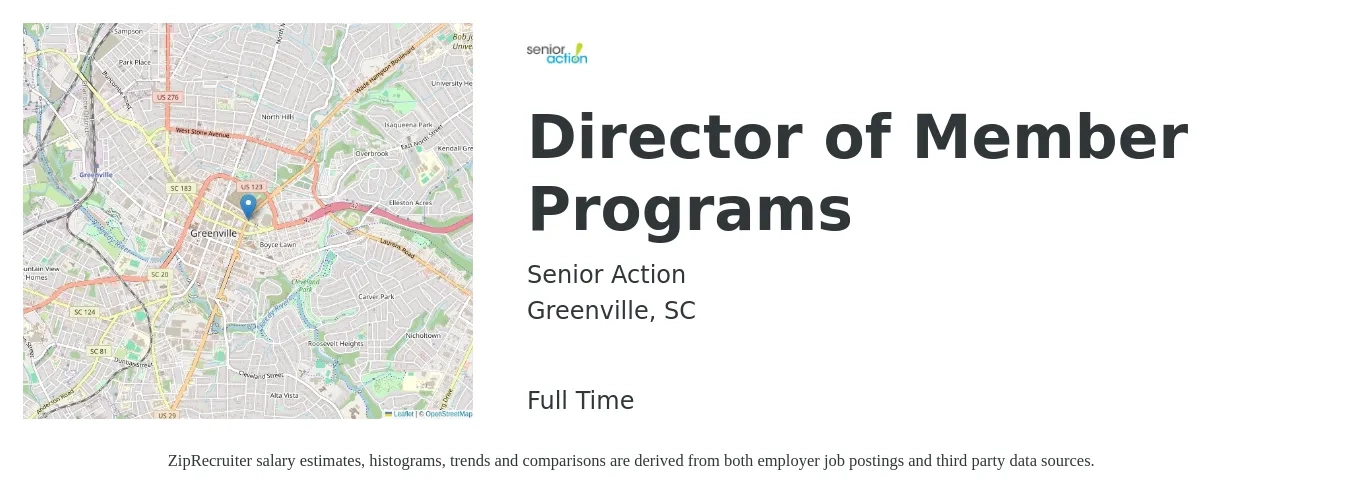 Senior Action job posting for a Director of Member Programs in Greenville, SC with a salary of $54,400 to $99,600 Yearly with a map of Greenville location.
