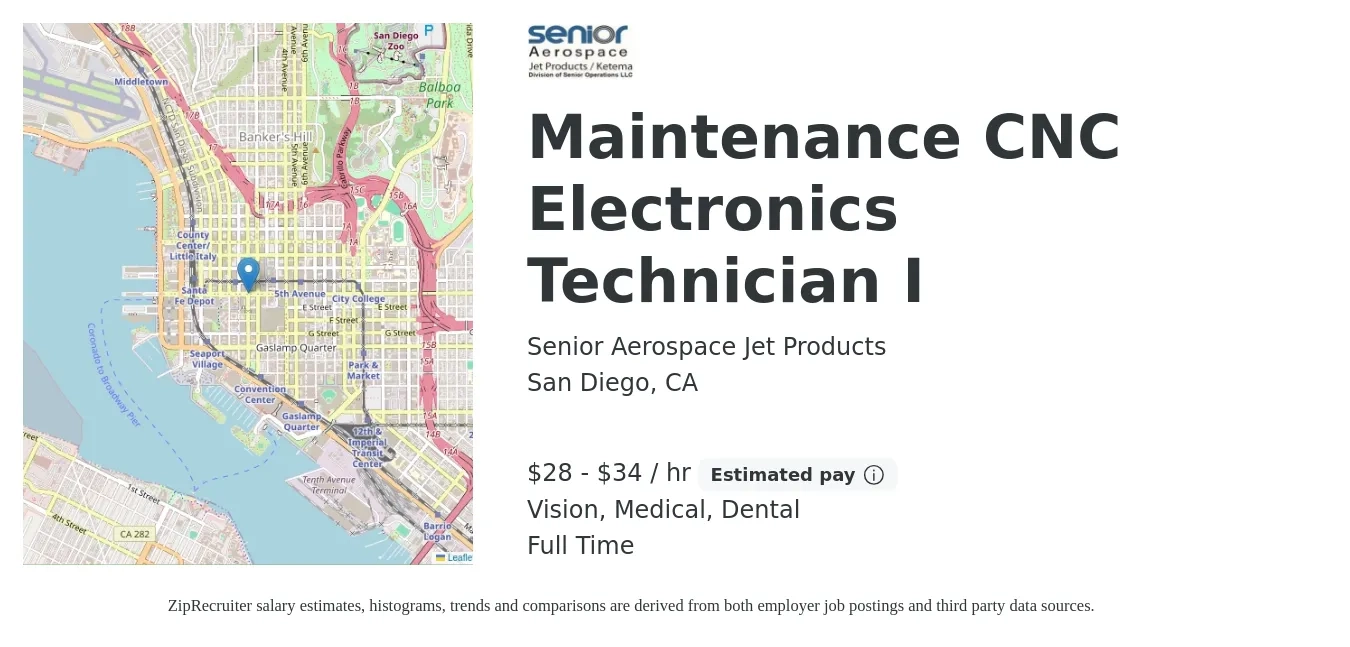 Senior Aerospace Jet Products job posting for a Maintenance CNC Electronics Technician I in San Diego, CA with a salary of $30 to $36 Hourly and benefits including medical, retirement, vision, dental, and life_insurance with a map of San Diego location.