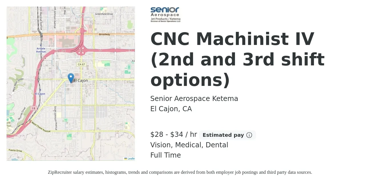 Senior Aerospace Ketema job posting for a CNC Machinist IV (2nd and 3rd shift options) in El Cajon, CA with a salary of $30 to $36 Hourly and benefits including life_insurance, medical, pto, retirement, vision, and dental with a map of El Cajon location.