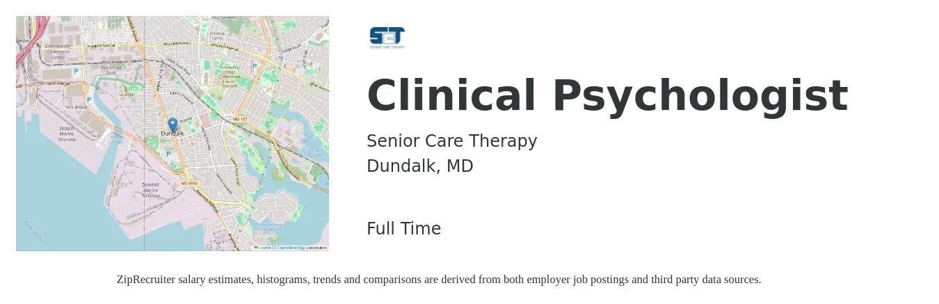 Senior Care Therapy job posting for a Clinical Psychologist in Dundalk, MD with a salary of $650 Daily with a map of Dundalk location.