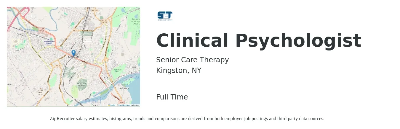 Senior Care Therapy job posting for a Clinical Psychologist in Kingston, NY with a salary of $650 Daily with a map of Kingston location.