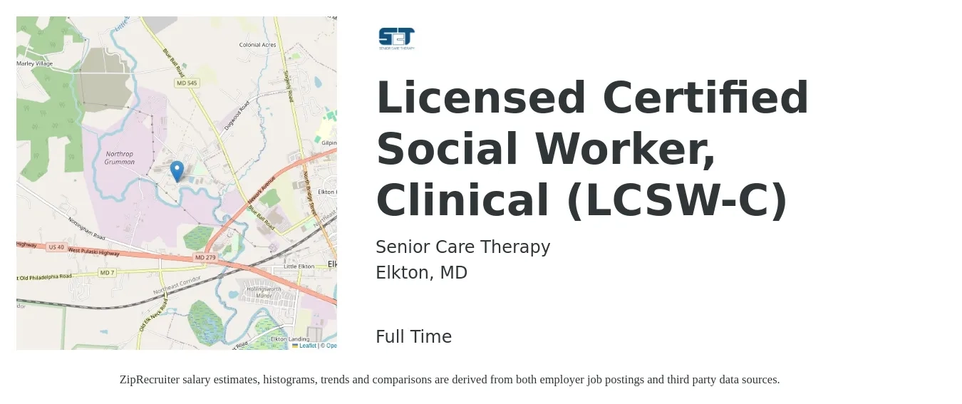 Senior Care Therapy job posting for a Licensed Certified Social Worker, Clinical (LCSW-C) in Elkton, MD with a salary of $350 to $500 Daily with a map of Elkton location.