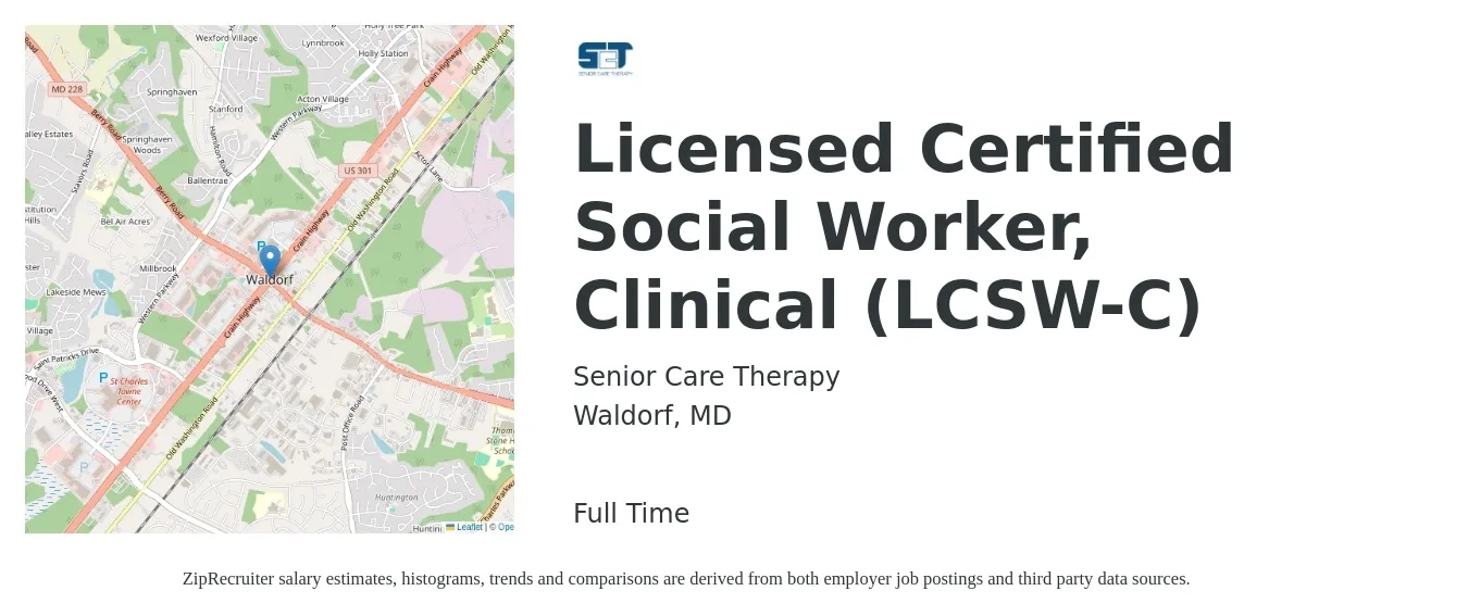 Senior Care Therapy job posting for a Licensed Certified Social Worker, Clinical (LCSW-C) in Waldorf, MD with a salary of $350 to $500 Daily with a map of Waldorf location.