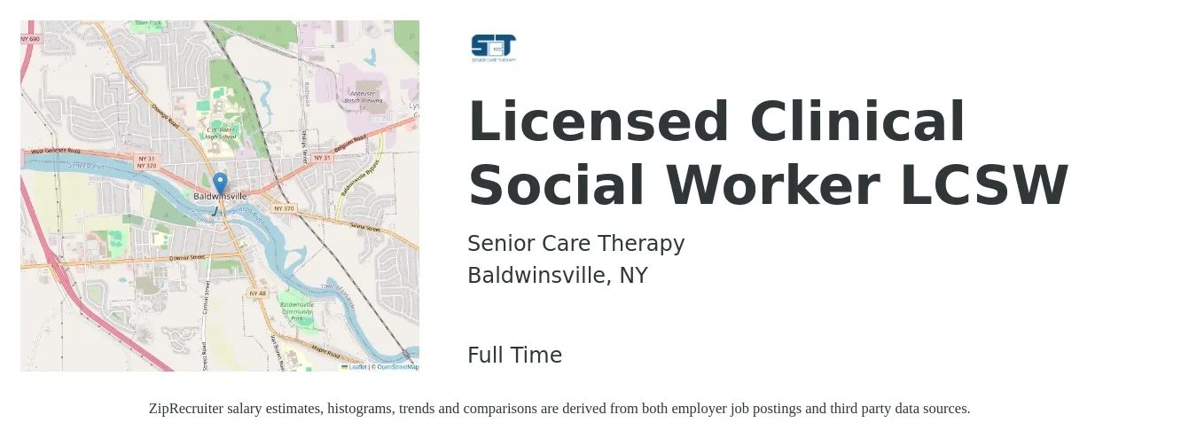 Senior Care Therapy job posting for a Licensed Clinical Social Worker LCSW in Baldwinsville, NY with a salary of $350 to $500 Daily with a map of Baldwinsville location.
