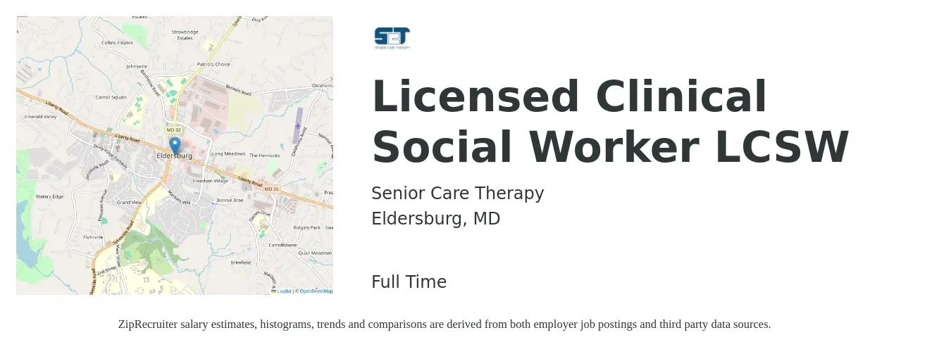Senior Care Therapy job posting for a Licensed Clinical Social Worker LCSW in Eldersburg, MD with a salary of $350 to $500 Daily with a map of Eldersburg location.