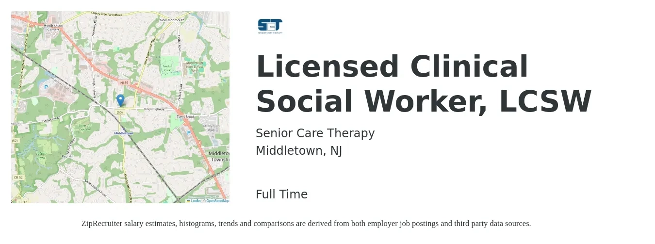 Senior Care Therapy job posting for a Licensed Clinical Social Worker, LCSW in Middletown, NJ with a salary of $350 to $500 Daily with a map of Middletown location.
