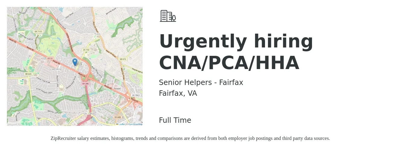 Senior Helpers - Fairfax job posting for a Urgently hiring CNA/PCA/HHA in Fairfax, VA with a salary of $15 to $19 Hourly with a map of Fairfax location.