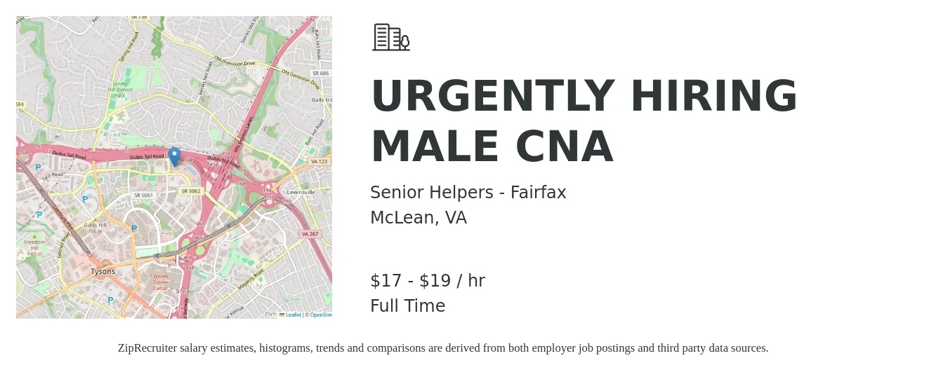 Senior Helpers - Fairfax job posting for a URGENTLY HIRING MALE CNA in McLean, VA with a salary of $18 to $20 Hourly with a map of McLean location.