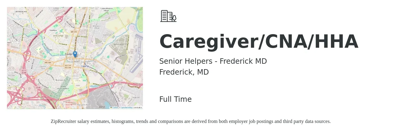 Senior Helpers - Frederick MD job posting for a Caregiver/CNA/HHA in Frederick, MD with a salary of $14 to $19 Hourly with a map of Frederick location.