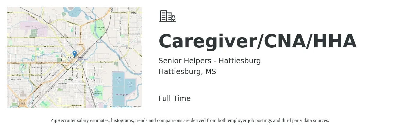 Senior Helpers - Hattiesburg job posting for a Caregiver/CNA/HHA in Hattiesburg, MS with a salary of $14 to $18 Hourly with a map of Hattiesburg location.