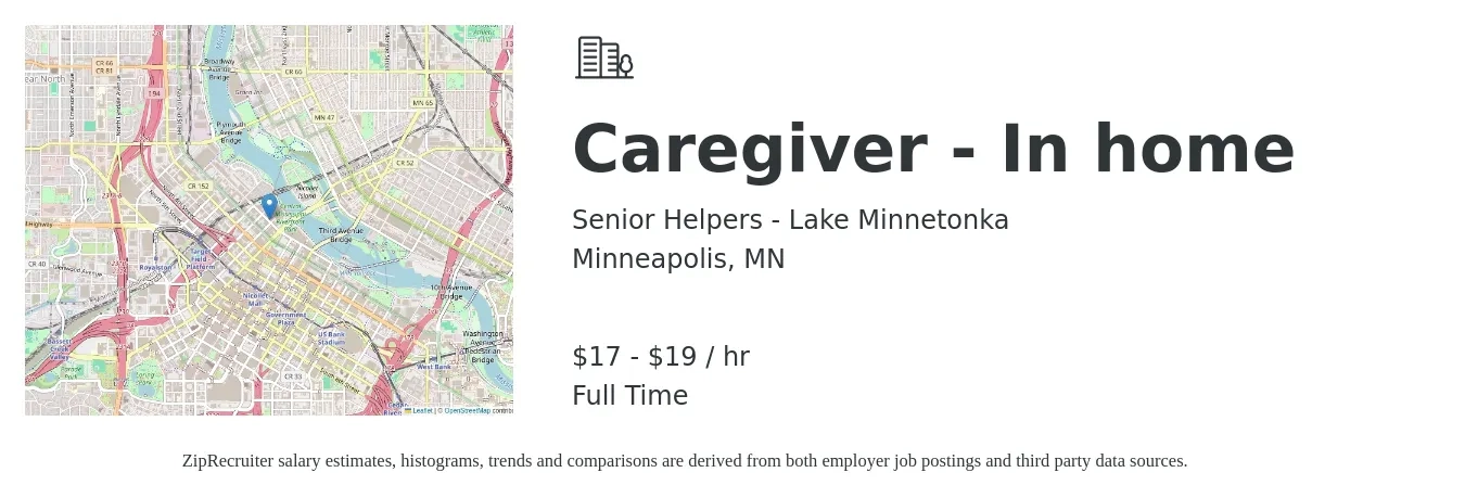 Senior Helpers - Lake Minnetonka job posting for a Caregiver - In home in Minneapolis, MN with a salary of $18 to $20 Hourly with a map of Minneapolis location.