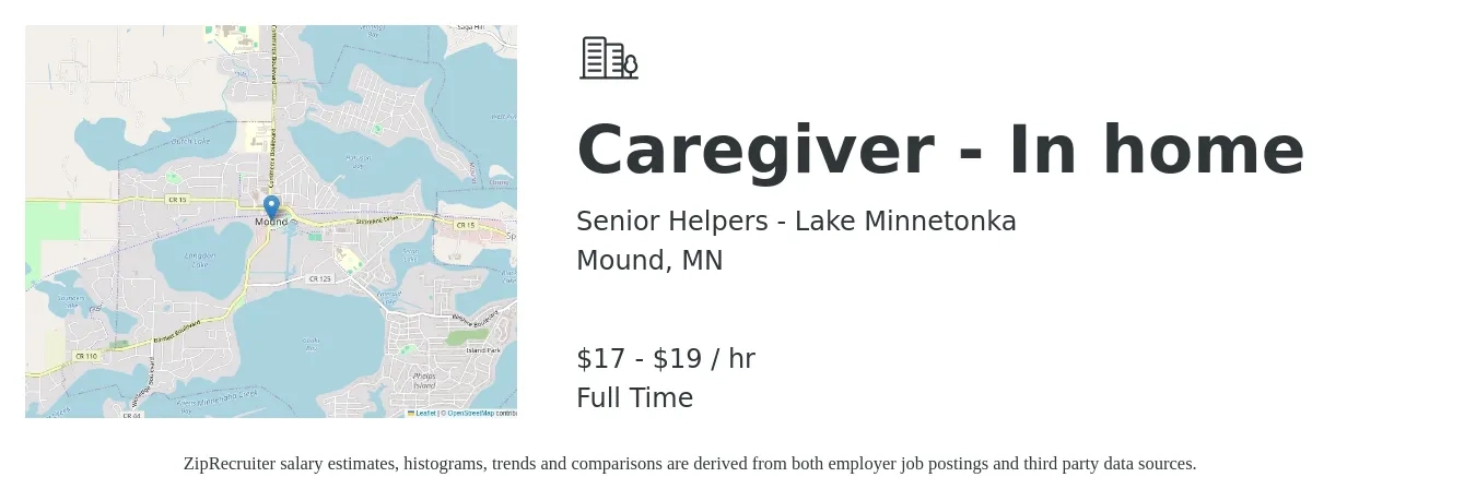 Senior Helpers - Lake Minnetonka job posting for a Caregiver - In home in Mound, MN with a salary of $18 to $20 Hourly with a map of Mound location.