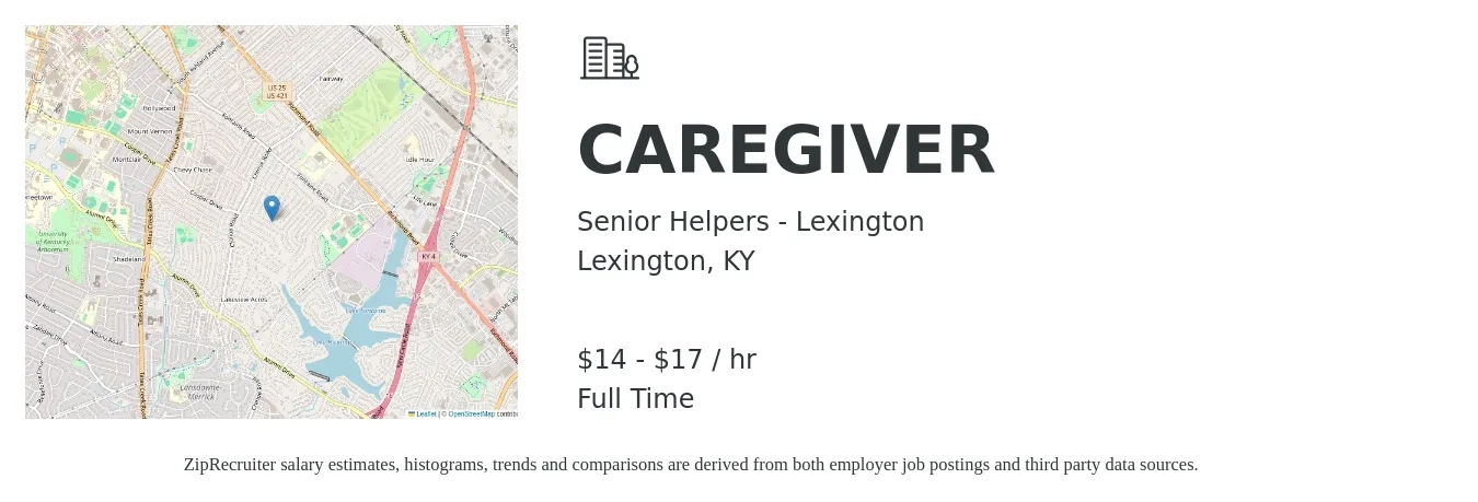 Senior Helpers - Lexington job posting for a Caregiver in Lexington, KY with a salary of $15 to $18 Hourly with a map of Lexington location.