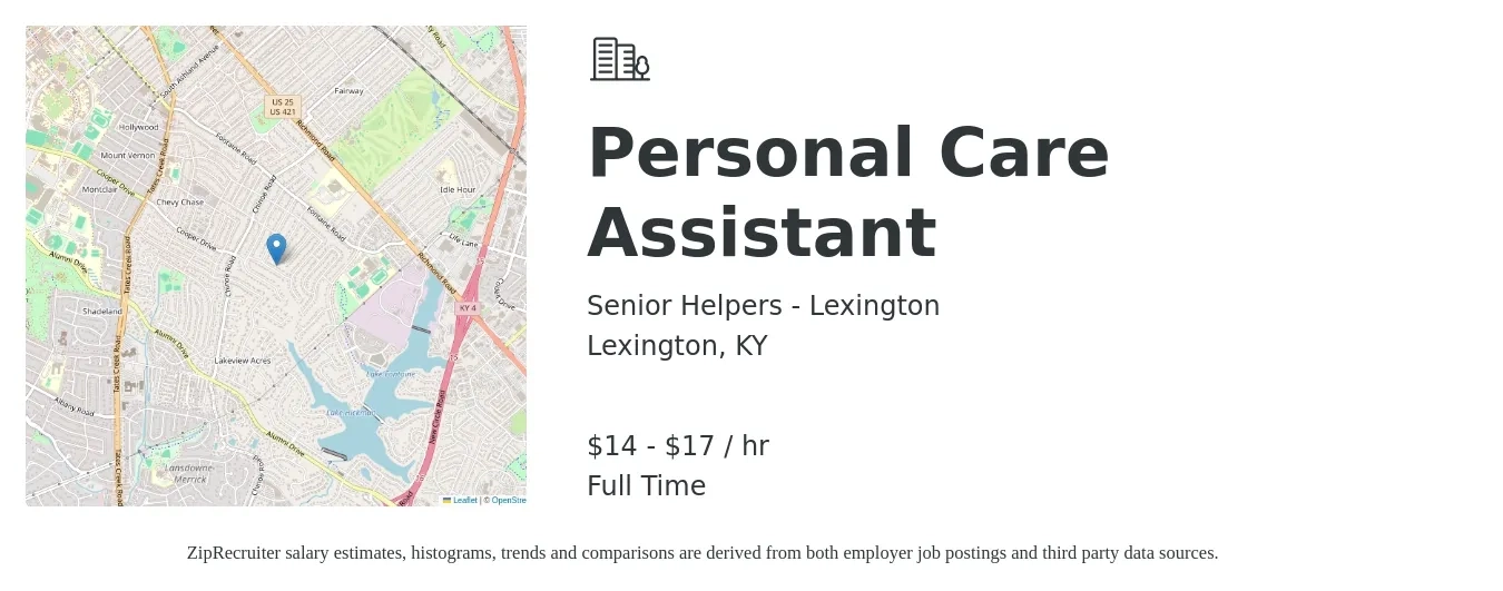 Senior Helpers - Lexington job posting for a Personal Care Assistant in Lexington, KY with a salary of $15 to $18 Hourly with a map of Lexington location.