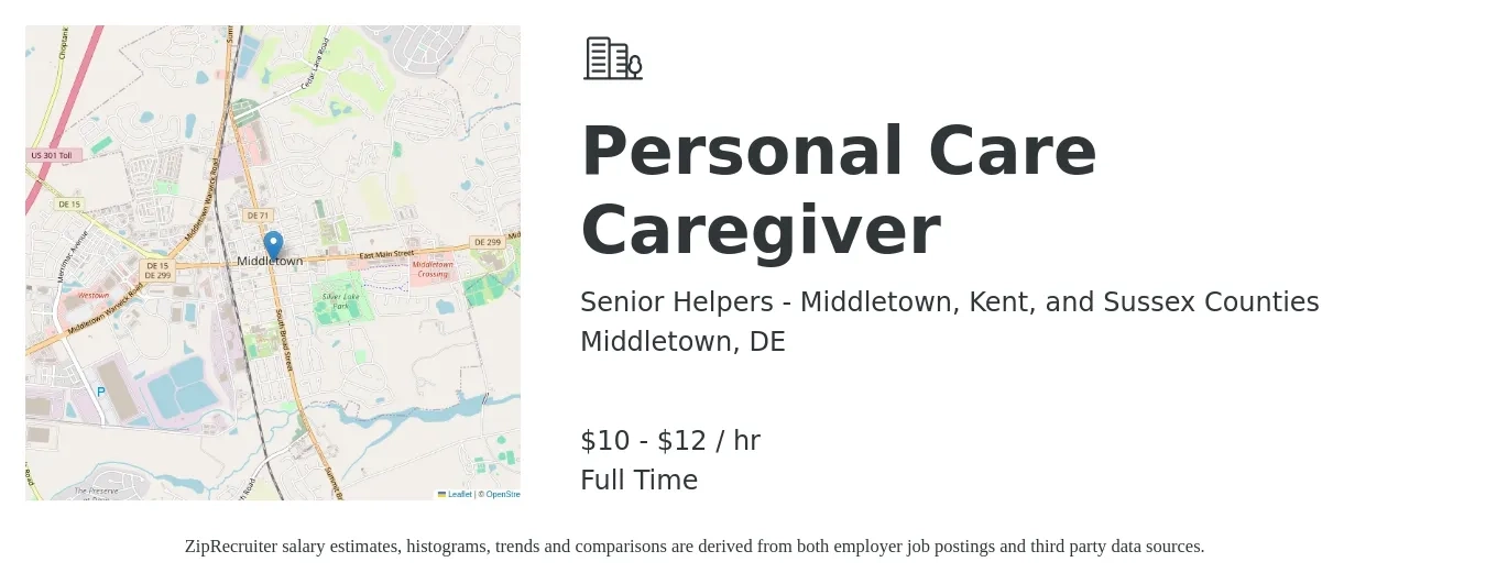 Senior Helpers - Middletown, Kent, and Sussex Counties job posting for a Personal Care Caregiver in Middletown, DE with a salary of $11 to $13 Hourly with a map of Middletown location.