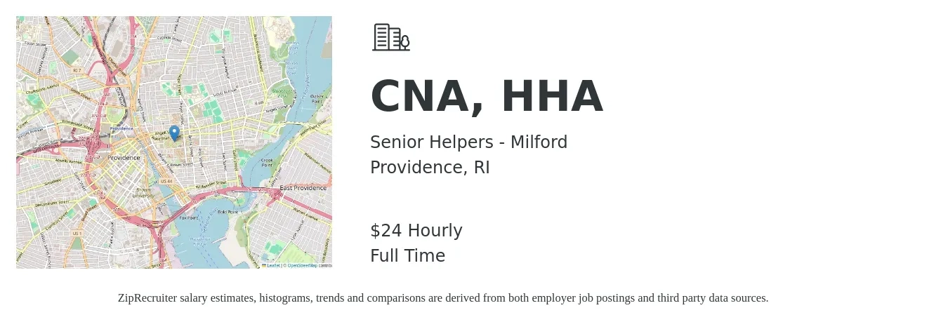 Senior Helpers - Milford job posting for a CNA, HHA in Providence, RI with a salary of $25 Hourly with a map of Providence location.