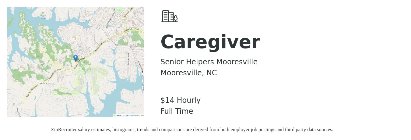 Senior Helpers Mooresville job posting for a Caregiver in Mooresville, NC with a salary of $15 Hourly with a map of Mooresville location.