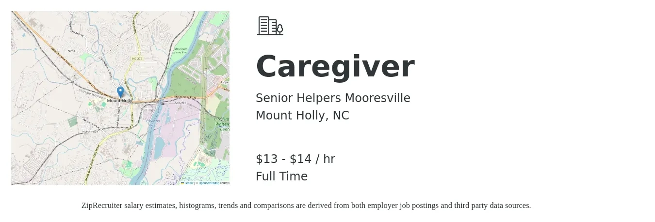 Senior Helpers Mooresville job posting for a Caregiver in Mount Holly, NC with a salary of $14 to $15 Hourly with a map of Mount Holly location.