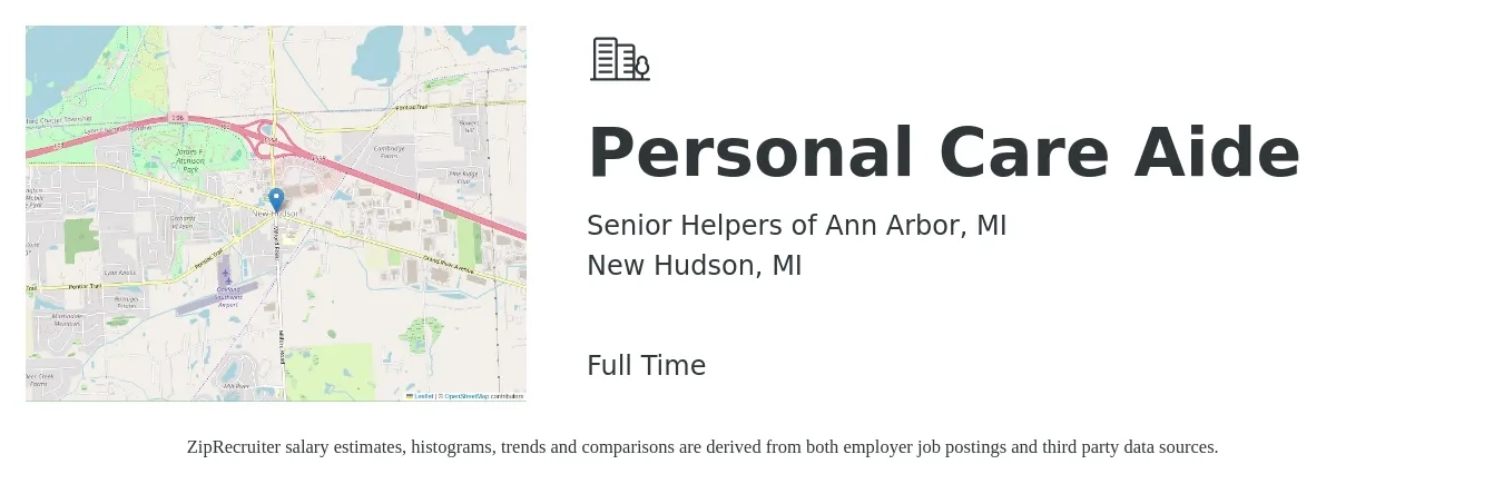 Senior Helpers of Ann Arbor, MI job posting for a Personal Care Aide in New Hudson, MI with a salary of $13 to $17 Hourly with a map of New Hudson location.