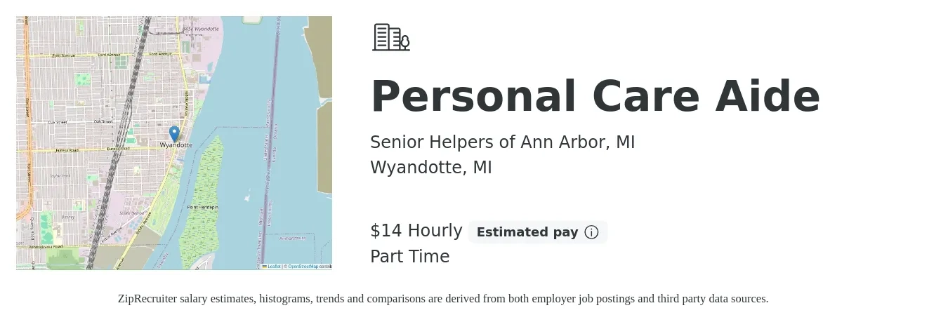 Senior Helpers of Ann Arbor, MI job posting for a Personal Care Aide in Wyandotte, MI with a salary of $16 Hourly with a map of Wyandotte location.