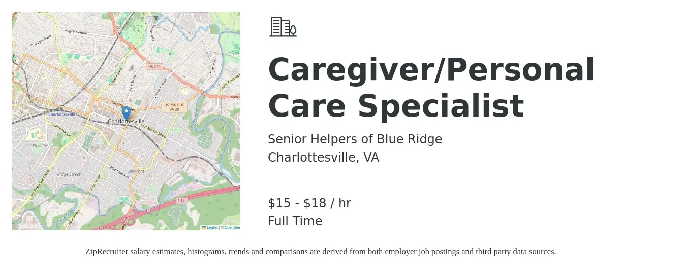 Senior Helpers of Blue Ridge job posting for a Caregiver/Personal Care Specialist in Charlottesville, VA with a salary of $16 to $19 Hourly with a map of Charlottesville location.