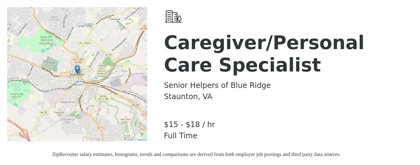 Senior Helpers of Blue Ridge job posting for a Caregiver/Personal Care Specialist in Staunton, VA with a salary of $16 to $19 Hourly with a map of Staunton location.