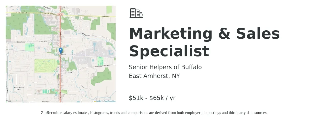 Senior Helpers of Buffalo job posting for a Marketing & Sales Specialist in East Amherst, NY with a salary of $51,000 to $65,000 Yearly with a map of East Amherst location.