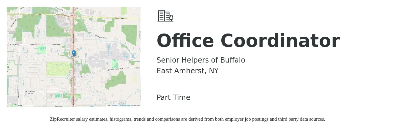 Senior Helpers of Buffalo job posting for a Office Coordinator in East Amherst, NY with a salary of $18 to $24 Hourly with a map of East Amherst location.