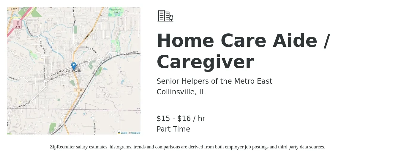 Senior Helpers of the Metro East job posting for a Home Care Aide / Caregiver in Collinsville, IL with a salary of $16 to $17 Hourly with a map of Collinsville location.