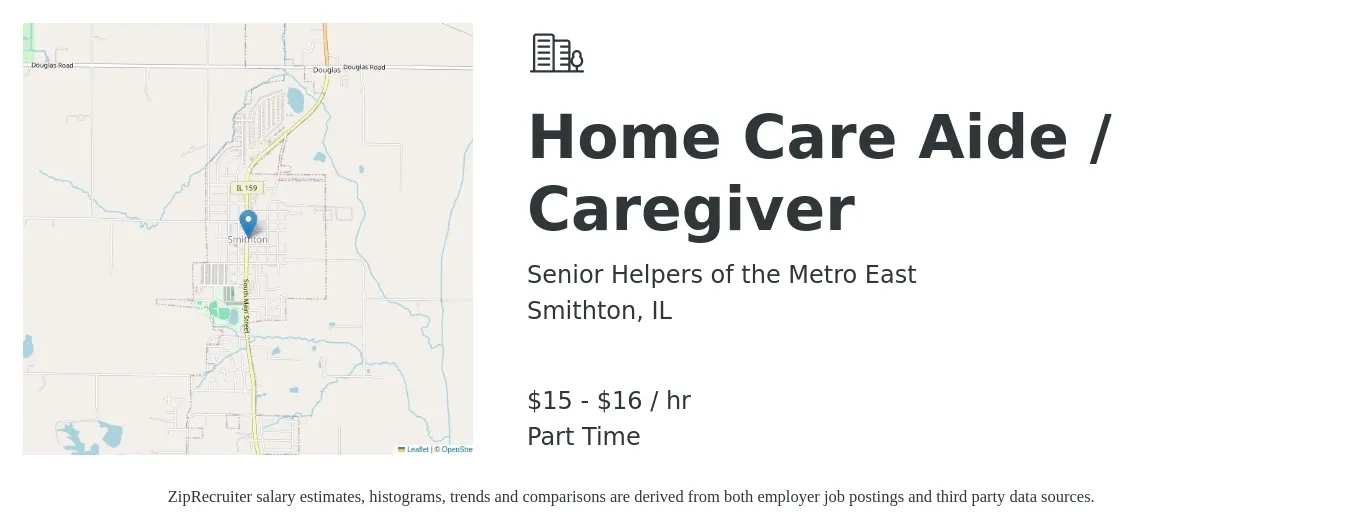 Senior Helpers of the Metro East job posting for a Home Care Aide / Caregiver in Smithton, IL with a salary of $16 to $17 Hourly with a map of Smithton location.