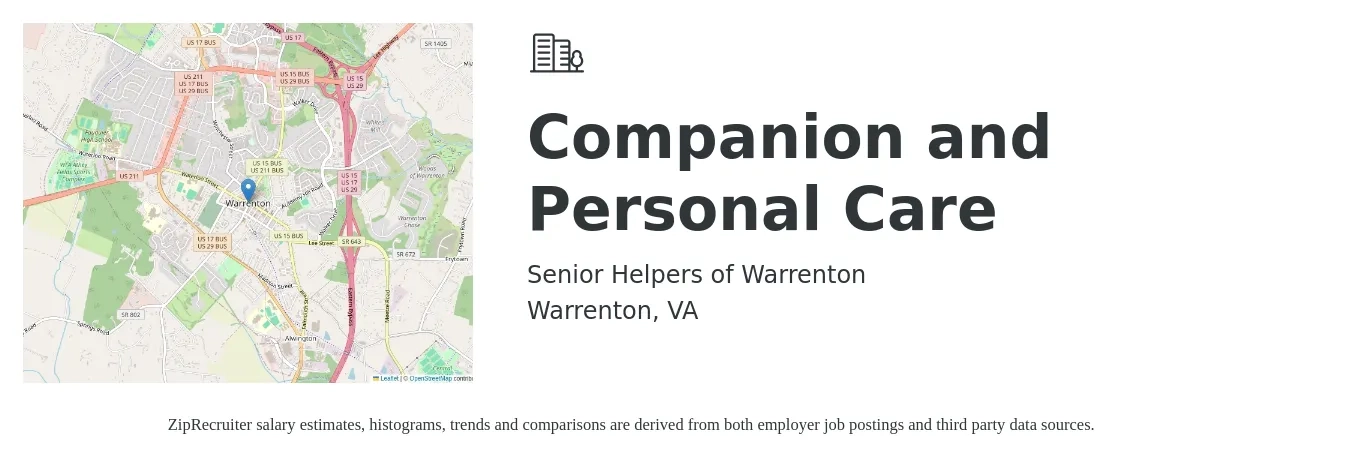 Senior Helpers of Warrenton job posting for a Companion and Personal Care in Warrenton, VA with a salary of $14 to $18 Hourly with a map of Warrenton location.