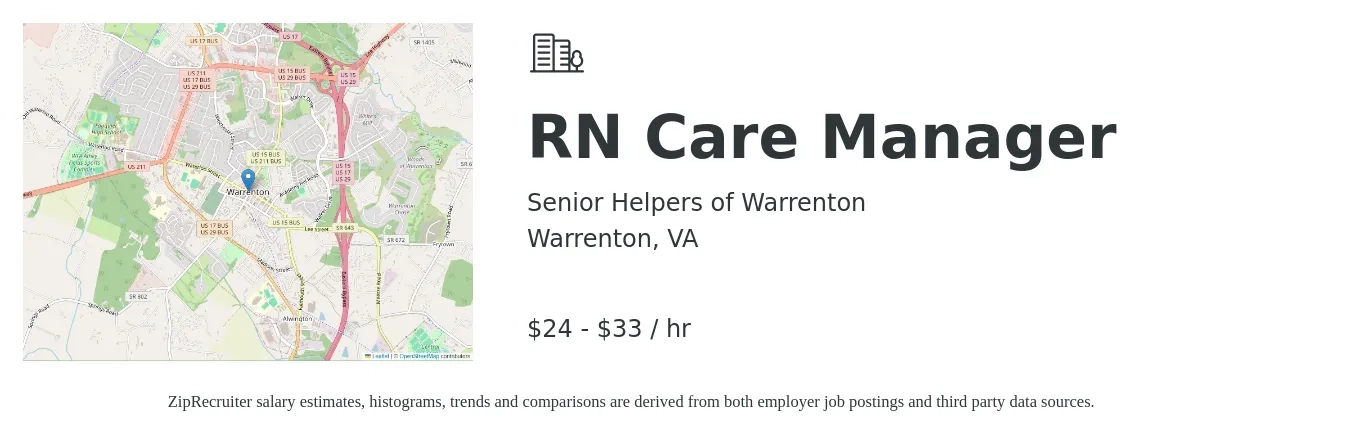 Senior Helpers of Warrenton job posting for a RN Care Manager in Warrenton, VA with a salary of $25 to $35 Hourly with a map of Warrenton location.