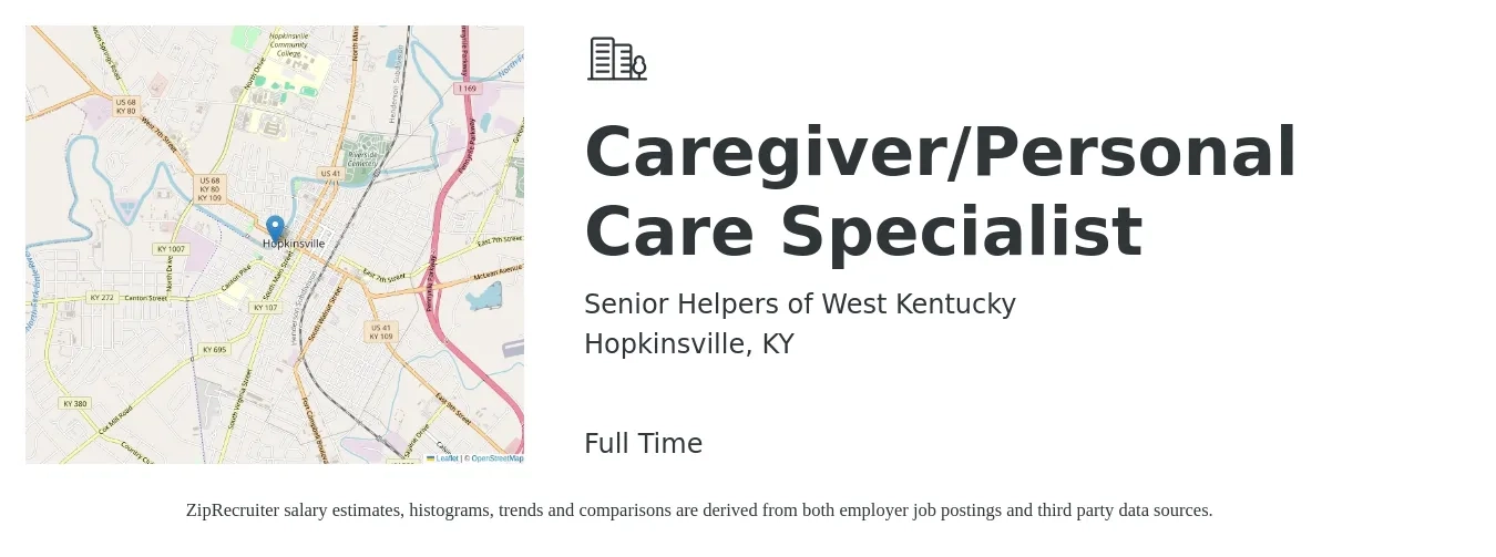 Senior Helpers of West Kentucky job posting for a Caregiver/Personal Care Specialist in Hopkinsville, KY with a salary of $14 to $18 Hourly with a map of Hopkinsville location.