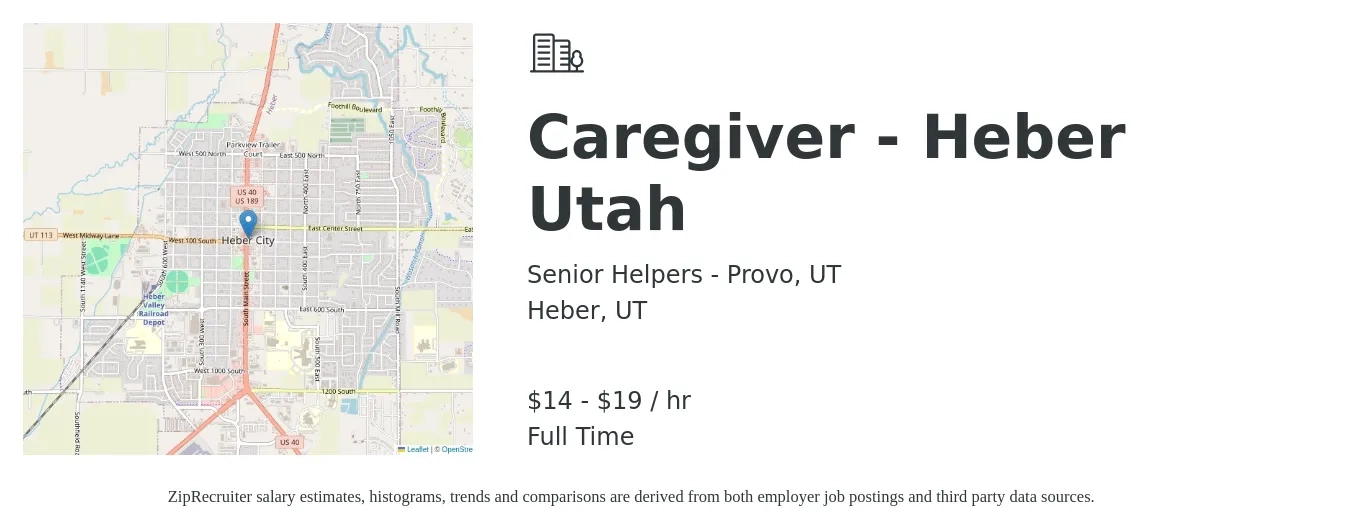 Senior Helpers - Provo, UT job posting for a Caregiver - Heber Utah in Heber, UT with a salary of $15 to $20 Hourly with a map of Heber location.